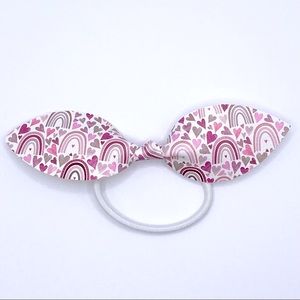 💕Pink, red and gray rainbow and hearts hair tie bow. Vegan leather. Handmade.